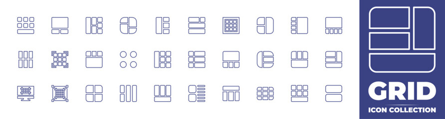 Grid line icon collection. Editable stroke. Vector illustration. Containing layout, grid, bottom, list, table, site map, grid lines, left, center, and more. - obrazy, fototapety, plakaty