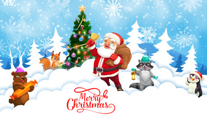 Christmas paper cut snow waves, Santa with bell and cute cartoon animals. Christmas, New Year banner, paper cut vector wallpaper, winter holiday background with cute Santa, bear, squirrel and penguin