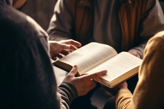 Male reading the Holy Bible by pointing to the character and sharing the gospel with a friend. Holy Bible study reading together in Sunday school.Studying the Word Of God With, Generative AI
