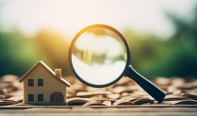 Magnifying glass for looking at house model, house selection, real estate concept, Generative AI - obrazy, fototapety, plakaty
