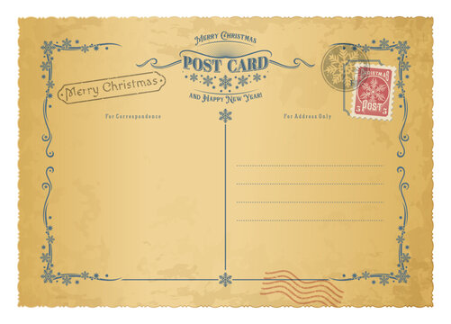 Christmas antique postcard, retro mail postage with vintage stamps, vector holiday background. Merry Christmas vintage postcard on grunge paper or greeting card and airmail letter with mail postage