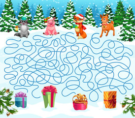 Christmas labyrinth maze help to funny animals find their gifts. Kids vector board game worksheet with cute cartoon raccoon, pig, fox and deer searching right way to presents in winter snowy forest