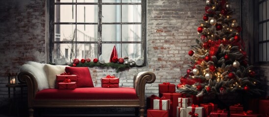 Fototapeta na wymiar Festive holiday decoration featuring a stunning tree, vibrant presents, and a stylish New Year's loft interior.