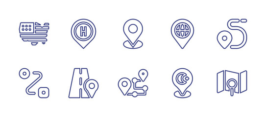 Map line icon set. Editable stroke. Vector illustration. Containing usa, hospital, location, route, routing, road, pin, map.