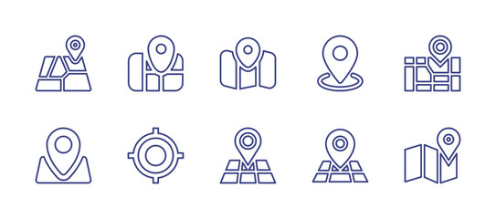 Map line icon set. Editable stroke. Vector illustration. Containing map, city map, location, target, position.