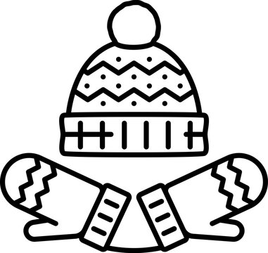 Knitted hat and gloves Christmas line icon. Christmas festive thin line symbol, Xmas celebration or New Year holiday outline vector icon or pictogram with winter warm clothing