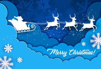 Fototapeta na wymiar Christmas paper cut poster with Santa sleigh silhouette in sky. Xmas, New Year cover or vector backdrop. Christmas winter holiday paper cut banner or poster with flying Santa Claus sleigh, snowflakes