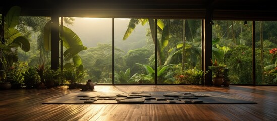 Tropical yoga studio with jungle view.