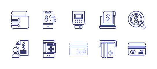 Payment line icon set. Editable stroke. Vector illustration. Containing wallet, salary, money transfer, dataphone, smartphone, credit card, receipt, pay per click.