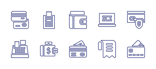 Payment line icon set. Editable stroke. Vector illustration. Containing invoice, credit card, online payment, secure payment, wallet, credit cards, atm, cashier machine, ticket.