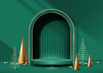 Abstract Green Christmas room background with Stage podium for product display decorated with elements decorative festive. Vector illustration.