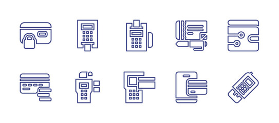 Payment line icon set. Editable stroke. Vector illustration. Containing secure payment, debit card, atm, dataphone, pos, pos terminal, checkbook, digital wallet, smartphone.