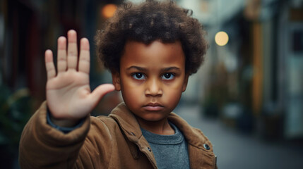 7-year-old boy showing stop gesture. Prohibition symbol. - obrazy, fototapety, plakaty