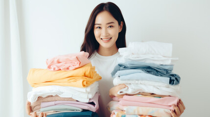 Beautiful Asian girl with stacks of clean laundry - obrazy, fototapety, plakaty