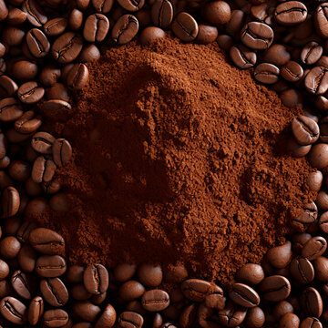 Overhead View of Ground Coffee and Roasted Beans