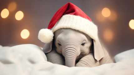 Cute elephant in santa hat sleeping on white sheet, Christmas blurred background