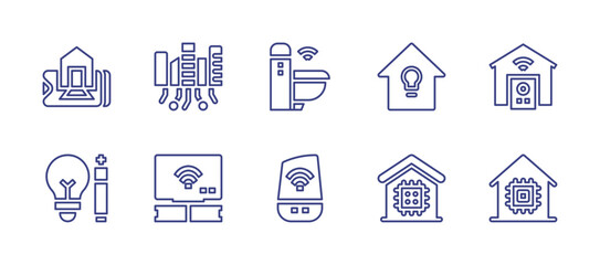 Smart house line icon set. Editable stroke. Vector illustration. Containing toilet, smart speaker, smart home, smart house, smart city, smart light, smart tv.