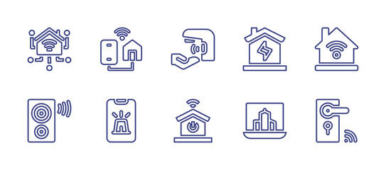 Smart house line icon set. Editable stroke. Vector illustration. Containing home, home automation, loud speaker, alarm, water tap, smart home, smart city, smart key.
