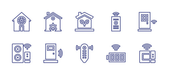 Smart house line icon set. Editable stroke. Vector illustration. Containing smart speaker, house, eco home, smart door, remote control, battery, microwave, controller.