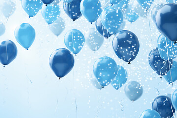 Many blue and white balloons floating in the air with white confetti on the blue/ white background. Generative AI.