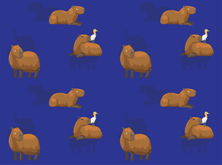 Capybara with Egret Cartoon Seamless Wallpaper Background