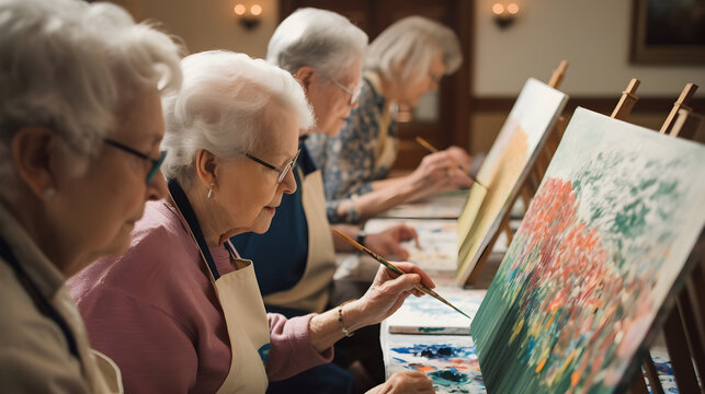 Senior ladies attending painting class together and drawing happily.