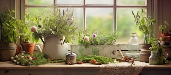 Fototapeta na wymiar Cooking herbs in pots on windowsill with cutting board in the kitchen.
