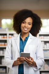 African american female pharmacist using a tablet in a pharmacy. Inventory and quality control. generative AI