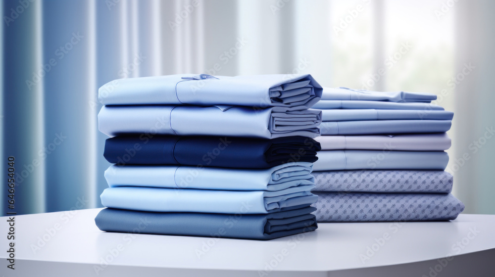 Poster folded clothes in stacks of various simple blue placed on a table on a light background
