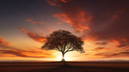 Tree silhouette stands tall against colorful evening sky