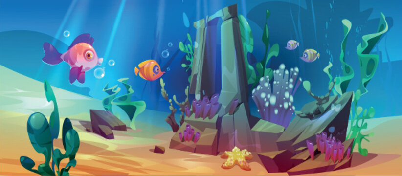 Ocean underwater boulder with fish vector background. Deep sea under water reef life with animal and seaweed plant. Tropical aquatic habitat wildlife drawing environment. aquarium ecosystem landscape