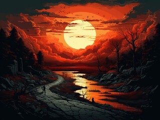 sunset in the mountains, landscape art illustration