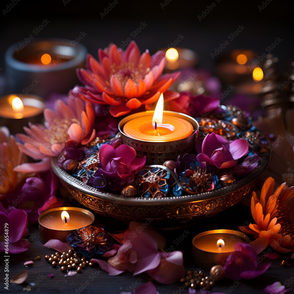 Wall mural beautiful diya clay lamp with indian style motif on diwali celebration