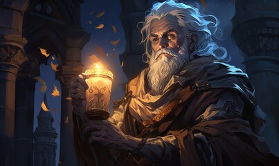 Illuminate your creative projects with a captivating image of a male senior cleric gracefully holding a lantern.