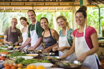 Foto op Plexiglas Smiling friends learn Thai cooking, prep vegetables, enjoy meal, culinary class. Concept of culinary education and teamwork. © Postproduction