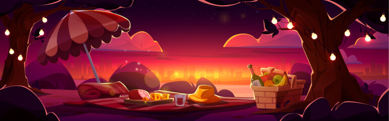 Romantic picnic with basket in city park on sunset cartoon background. Summer evening party with apple, banana, cheese and wine bottle. Nature recreation with cityscape silhouette view illustration