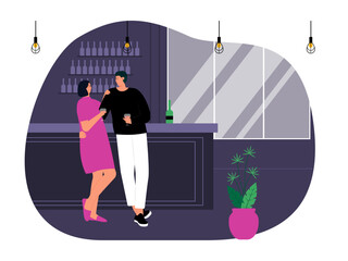 Nightlife flat vector illustration. A couple on a date at nightclub. Couple in love at nightclub
