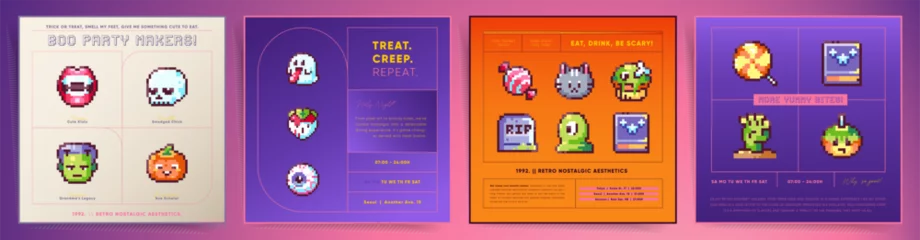 Fotobehang Pixel Art 8bit Halloween Cards, Y2k Holiday Decorations. Retro Aesthetic set of Video Game Style Design Templates with retro Sweet Treats, Spooky Ghosts and Zombies. For posters, prints, stickers. © Takoyaki Shop