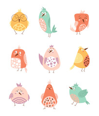 Cute cartoon birds. Hand drawn style. Funny comic character. Vector drawing. Collection of design elements.