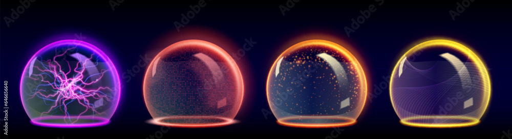Poster neon sphere protect shield with various textures and glow. realistic 3d vector of luminous security 