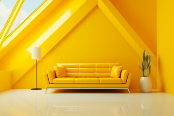Futurism yellow living room with copy with sofa and plants space in the future.Created with Generative AI technology.