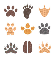 Animal paw print. Different traces of wildlife. Vector drawing. Collection of design elements.