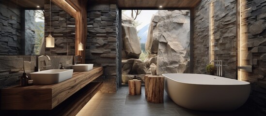 Fototapeta na wymiar Wood and stone in contemporary bathroom design.