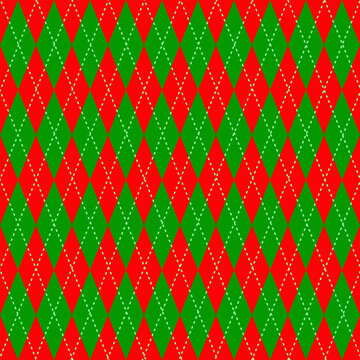 Christmas Theme Argyle Plaid Seamless Pattern In Red And Green Color And Cross With Dot Line. Scottish Pattern Of Diamond Shape. Use For Background , Wallpaper, Card, Cover Or Decoration