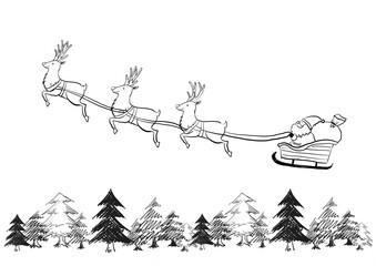 かわいいサンタクロースとトナカイの群れ　ソリ　そり　空を飛ぶ　クリスマス　夜　白黒　イラスト　絵本　絵　手描き