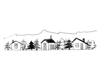 白黒イラスト　山と森と家　かわいい小さな町　村　手描きイラスト　ほっこり - obrazy, fototapety, plakaty