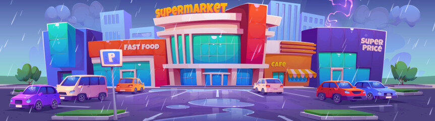 Rain on parking lot with autos near supermarket. Vector cartoon illustration of large shopping mall building with fast food restaurant, cafe entrances, lightning in cloudy sky, water puddles on ground © klyaksun