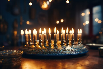 Round blue Menorah, burning candles for the holiday of Hanukkah