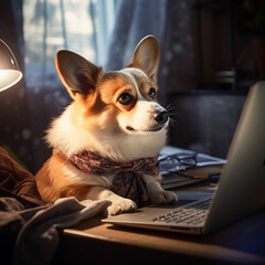 Cute corgi dog looking into computer laptop working in glasses and shirt. Made with generative ai