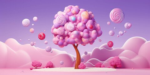 A whimsical tree made out of candy. Candy tree concept. 3d model. Pink and Purple sweets background. Cartoon looking illustration for children's book.
